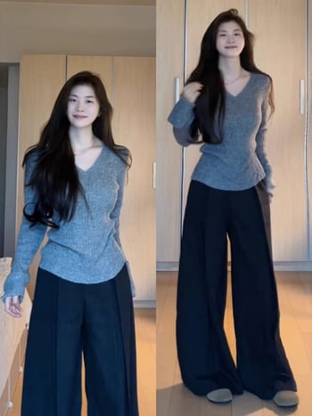 Kötött női kapucnis pulóver V-nyakkal, hosszú ujjú, szabálytalan szegéllyel