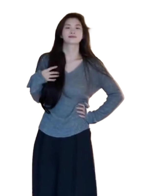 Kötött női kapucnis pulóver V-nyakkal, hosszú ujjú, szabálytalan szegéllyel