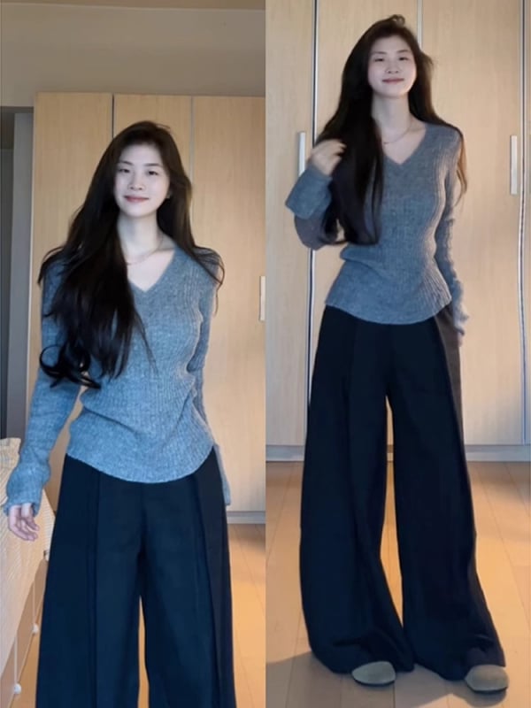 Kötött női kapucnis pulóver V-nyakkal, hosszú ujjú, szabálytalan szegéllyel