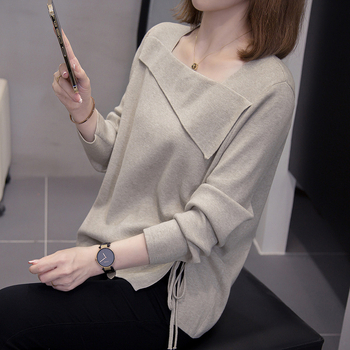 Top tricotat pentru femei cu mâneci lungi, guler pătrat, șnur, glugă, croială lejeră, grosime medie, toamnă-iarnă