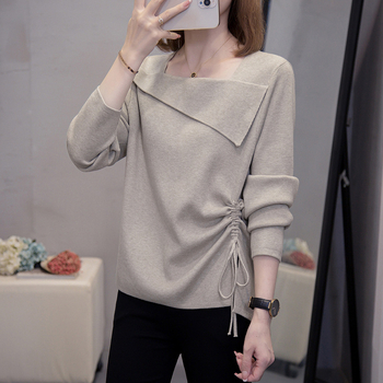 Top tricotat pentru femei cu mâneci lungi, guler pătrat, șnur, glugă, croială lejeră, grosime medie, toamnă-iarnă