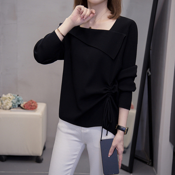 Top tricotat pentru femei cu mâneci lungi, guler pătrat, șnur, glugă, croială lejeră, grosime medie, toamnă-iarnă