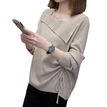 Top tricotat pentru femei cu mâneci lungi, guler pătrat, șnur, glugă, croială lejeră, grosime medie, toamnă-iarnă