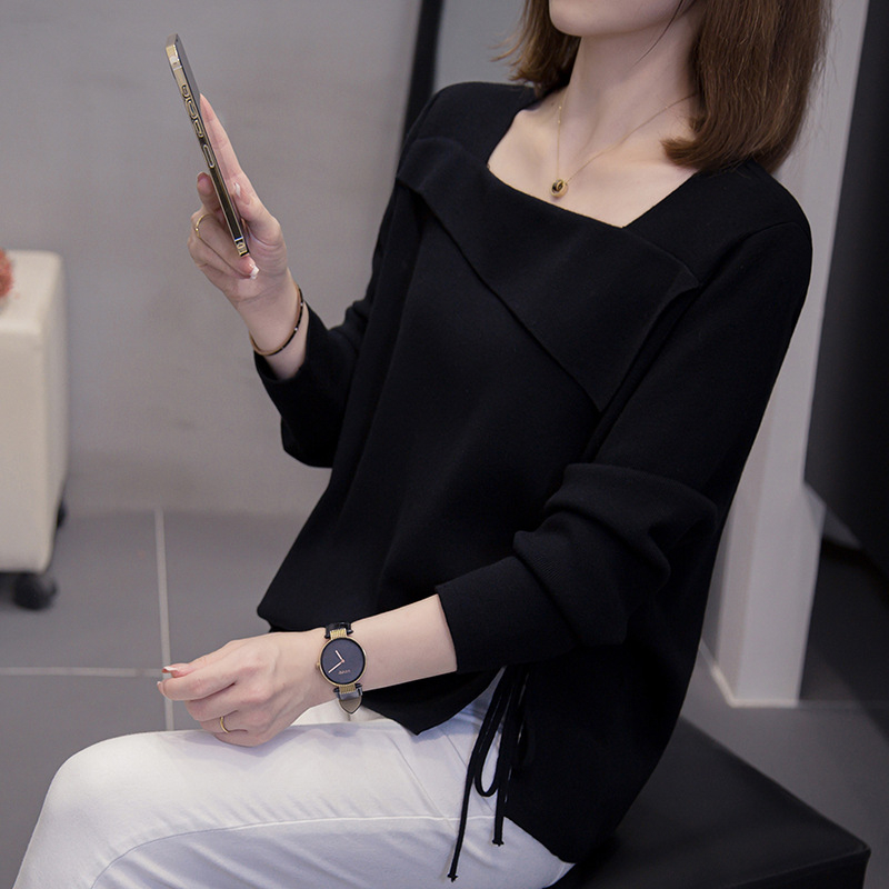 Top tricotat pentru femei cu mâneci lungi, guler pătrat, șnur, glugă, croială lejeră, grosime medie, toamnă-iarnă