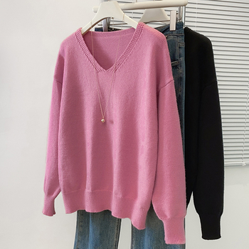 Pulover tricotat cu glugă și decolteu în V, mâneci lungi, culoare solidă, material din fibră de vâscoză 30–50%, toamnă 2025