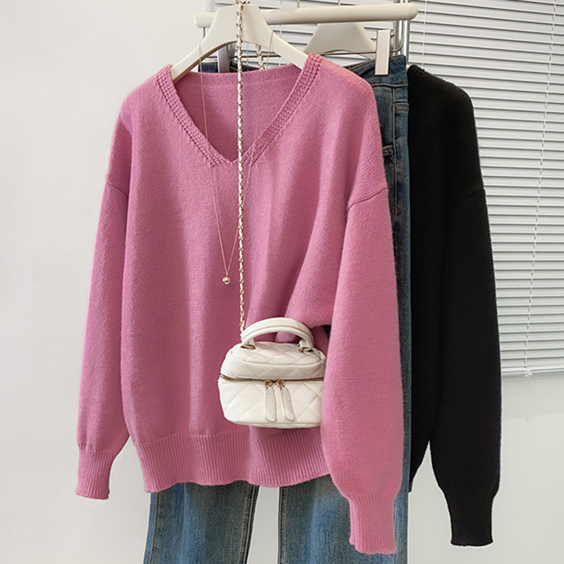 Pulover tricotat cu glugă și decolteu în V, mâneci lungi, culoare solidă, material din fibră de vâscoză 30–50%, toamnă 2025