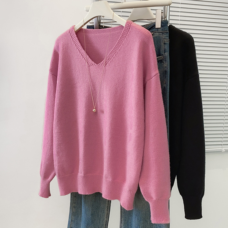 Pulover tricotat cu glugă și decolteu în V, mâneci lungi, culoare solidă, material din fibră de vâscoză 30–50%, toamnă 2025