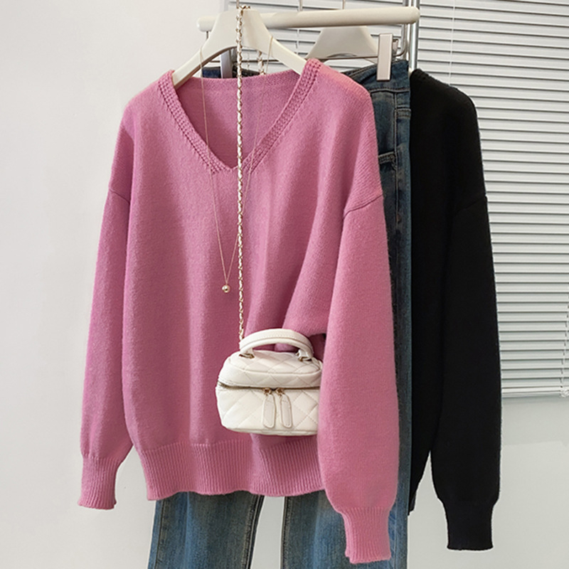 Pulover tricotat cu glugă și decolteu în V, mâneci lungi, culoare solidă, material din fibră de vâscoză 30–50%, toamnă 2025