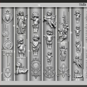 3D nagų formelė su motyvais: Mažasis Angeliukas, kišeninis laikrodis ir Meilės spyna; medžiaga: derva; reljefinis raštas; tinkama įprastam naudojimui