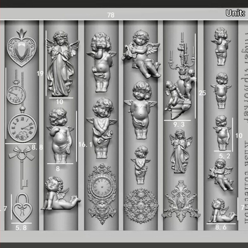 3D küünevorm motiividega: Väike ingel, taskukell ja armastuse lukk; materjal: vaik; reljeefne muster; sobib üldiseks kasutamiseks