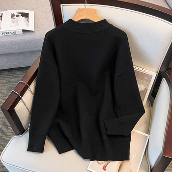 Moteriškas megztinis su apvaliu kaklu, ilgomis rankovėmis, A linijos kirpimas, core-spun siūlai