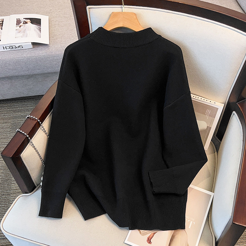 Moteriškas megztinis su apvaliu kaklu, ilgomis rankovėmis, A linijos kirpimas, core-spun siūlai