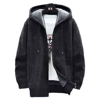 Cardigan bărbătesc cu glugă, căptușit cu fleece, croială lejeră, toamnă-iarnă, amestec poliester