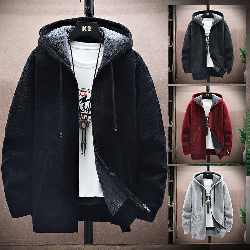 Cardigan bărbătesc cu glugă, căptușit cu fleece, croială lejeră, toamnă-iarnă, amestec poliester