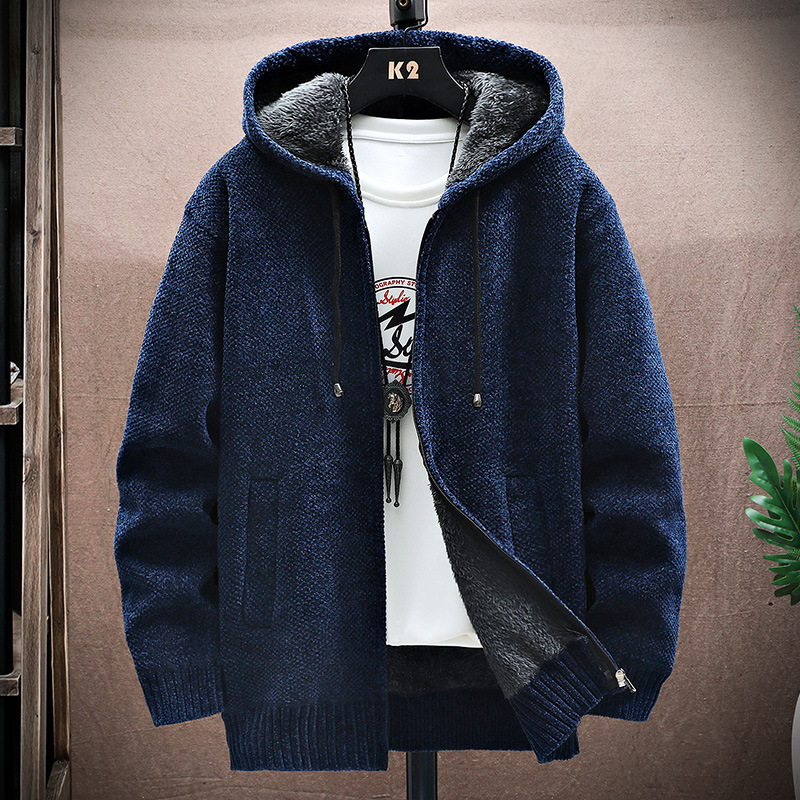 Cardigan bărbătesc cu glugă, căptușit cu fleece, croială lejeră, toamnă-iarnă, amestec poliester