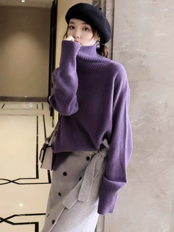 Pulover pentru femei din lână, tricot gros, guler înalt, mâneci raglan, croi lejer, lungime obișnuită, iarnă 2023