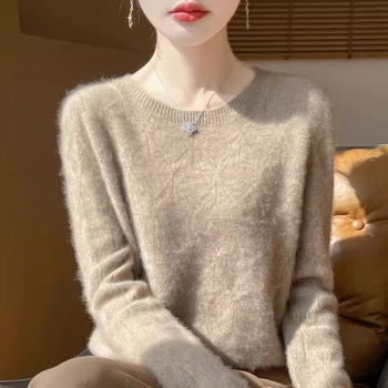 Pulover din lână pentru femei, 95%+ lână, guler rotund, croială lejeră, mâneci lungi, Iarna 2025