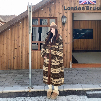 Ženski jakna — korejskog stila, kapuljača, srednja duljina, poliester (Sezona: jesen 2025; Materijal: poliester; Uzorak: Fair Isle; Duljina: srednja; Stil: korejski)