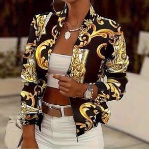 Geacă imprimată cu fermoar, mâneci lungi, guler polo; țesătură tricotată poliester-spandex (95% poliester, <30% spandex); stil retro