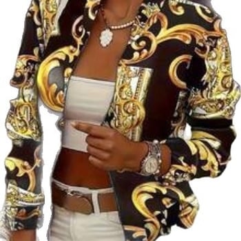 Geacă imprimată cu fermoar, mâneci lungi, guler polo; țesătură tricotată poliester-spandex (95% poliester, <30% spandex); stil retro