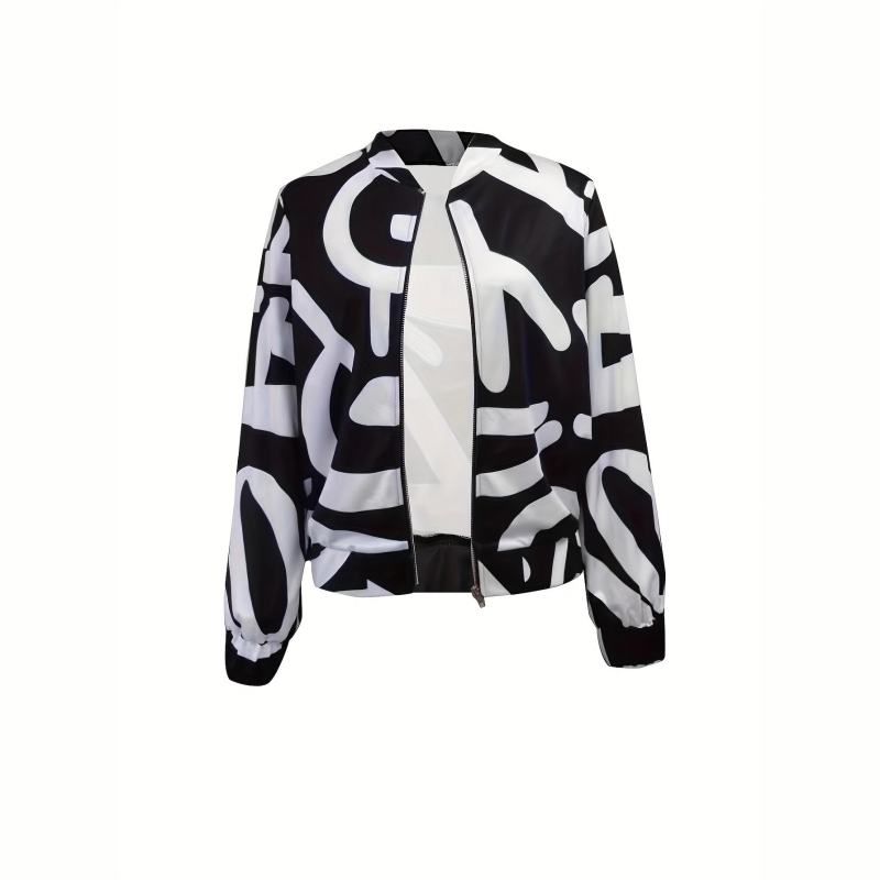 Geacă imprimată cu fermoar, mâneci lungi, guler polo; țesătură tricotată poliester-spandex (95% poliester, <30% spandex); stil retro