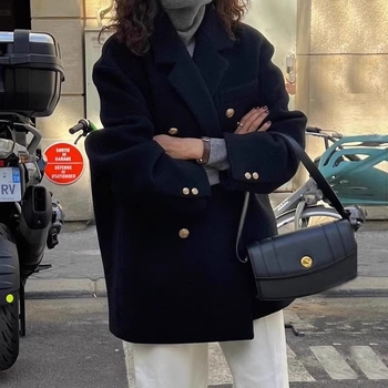 Sieviešu kostīmu jaka ar brīvu piegriezumu, garas piedurknes, kostīma apkakle, vidēja garuma, viskozes šķiedru maisījums (<30%), pieaugušas sievietes, ziemas 2023, japāņu-korejiešu casual stils