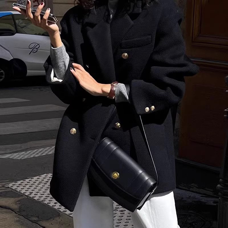 Sieviešu kostīmu jaka ar brīvu piegriezumu, garas piedurknes, kostīma apkakle, vidēja garuma, viskozes šķiedru maisījums (<30%), pieaugušas sievietes, ziemas 2023, japāņu-korejiešu casual stils