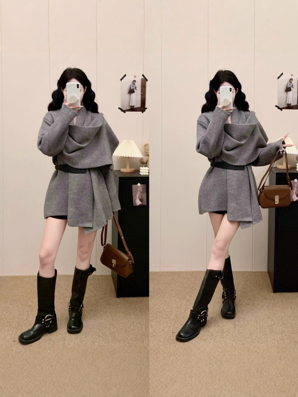 Sievietēm adīts kardigāns ārējai apģērbam ar vidukļa līnijas nostiprinošu piegriezumu, brīvs raksts, vienkrāsains, Swing apkakle, garas piedurknes, ziemas 2025