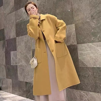 Sieviešu divpusējs vilnas mētelis, garš, brīvs siluets, korejiešu stils, vienas rindas pogu aizdare