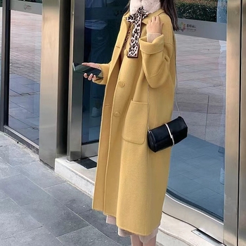 Sieviešu divpusējs vilnas mētelis, garš, brīvs siluets, korejiešu stils, vienas rindas pogu aizdare