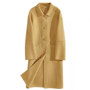 Sieviešu divpusējs vilnas mētelis, garš, brīvs siluets, korejiešu stils, vienas rindas pogu aizdare