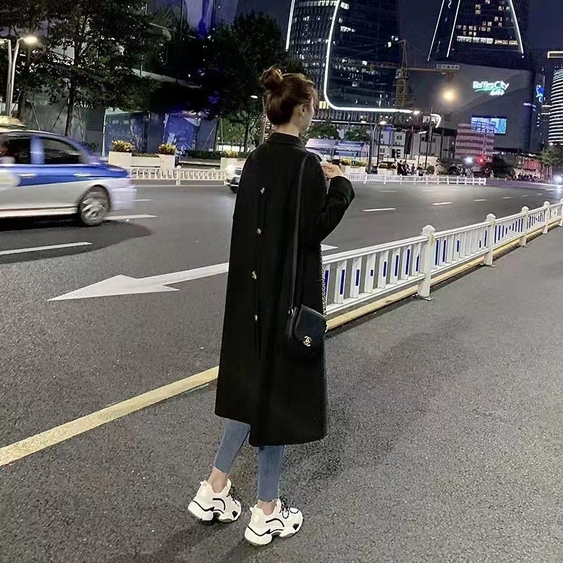 Sieviešu divpusējs vilnas mētelis, garš, brīvs siluets, korejiešu stils, vienas rindas pogu aizdare