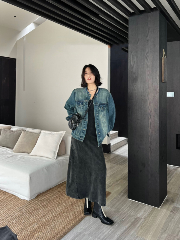 Sieviešu džinsa jaka ar apaļu kaklu, brīvs piegriezums, rudens korejiešu stila, slaida silueta, ikdienas lietošanai