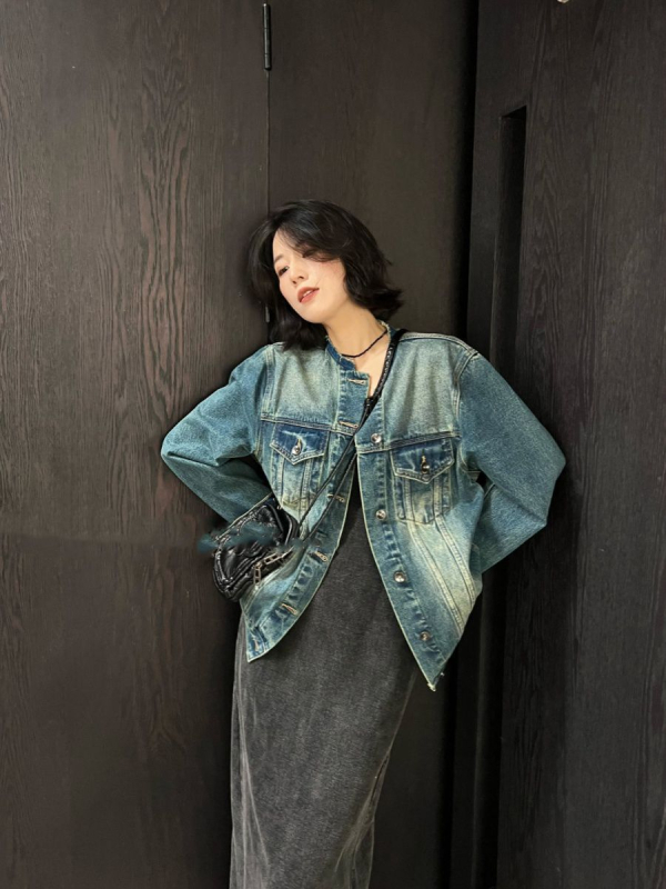Sieviešu džinsa jaka ar apaļu kaklu, brīvs piegriezums, rudens korejiešu stila, slaida silueta, ikdienas lietošanai
