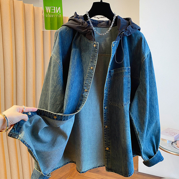 Džinsa jaka ar kapuci, garas piedurknes, nolai pleci, rudens izlaidums 2024