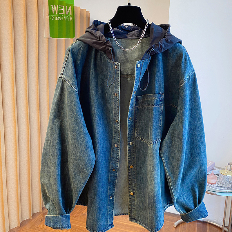 Džinsa jaka ar kapuci, garas piedurknes, nolai pleci, rudens izlaidums 2024