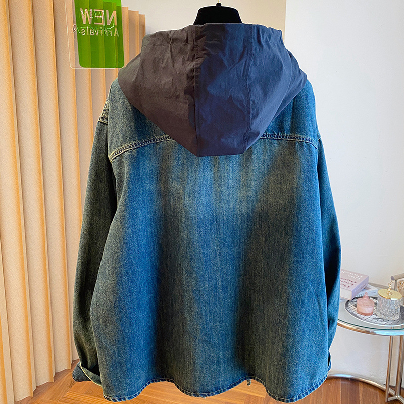 Džinsa jaka ar kapuci, garas piedurknes, nolai pleci, rudens izlaidums 2024