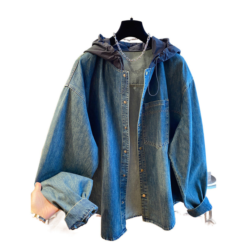 Džinsa jaka ar kapuci, garas piedurknes, nolai pleci, rudens izlaidums 2024