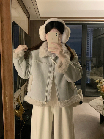 Geacă scurtă pentru femei cu imitație de lână de miel, stil motocicletă, guler rever, mâneci lungi, poliester, iarnă 2025