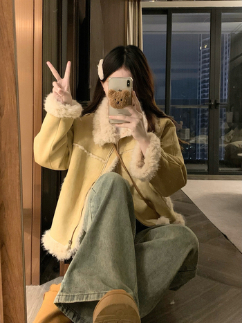 Geacă scurtă pentru femei cu imitație de lână de miel, stil motocicletă, guler rever, mâneci lungi, poliester, iarnă 2025