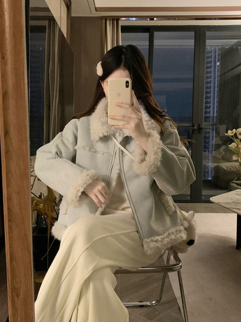 Geacă scurtă pentru femei cu imitație de lână de miel, stil motocicletă, guler rever, mâneci lungi, poliester, iarnă 2025