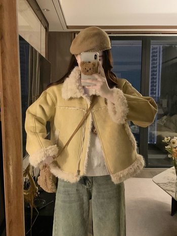 Geacă scurtă pentru femei cu imitație de lână de miel, stil motocicletă, guler rever, mâneci lungi, poliester, iarnă 2025