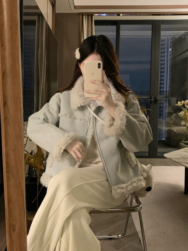 Geacă scurtă pentru femei cu imitație de lână de miel, stil motocicletă, guler rever, mâneci lungi, poliester, iarnă 2025