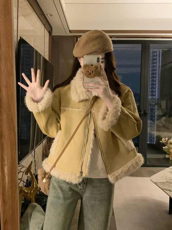 Geacă scurtă pentru femei cu imitație de lână de miel, stil motocicletă, guler rever, mâneci lungi, poliester, iarnă 2025