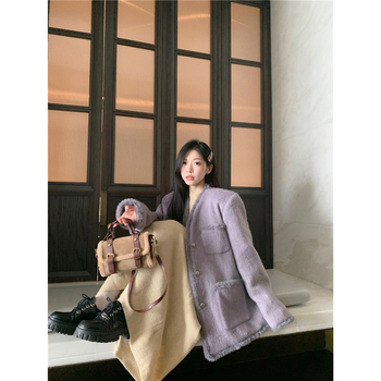 Palton din lână cu design retro, lungime medie, guler V, mâneci lungi, croială lejeră, detaliu patchwork, primăvară 2025