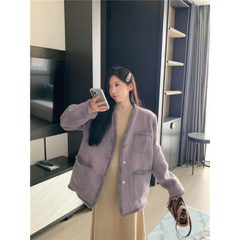 Palton din lână cu design retro, lungime medie, guler V, mâneci lungi, croială lejeră, detaliu patchwork, primăvară 2025