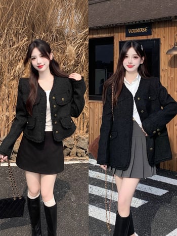 Jachetă damă din tweed, sezonul de iarnă 2025, stil elegant pentru deplasări, decolteu în V, mâneci lungi