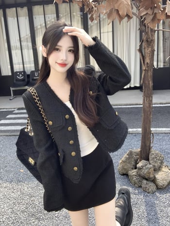 Jachetă damă din tweed, sezonul de iarnă 2025, stil elegant pentru deplasări, decolteu în V, mâneci lungi