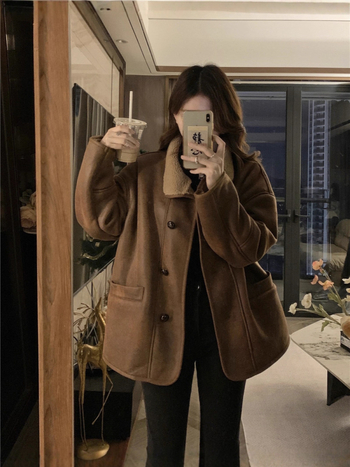 Geacă damă de iarnă în stil Maillard retro, poliester, guler polo, mâneci lungi, lungime normală