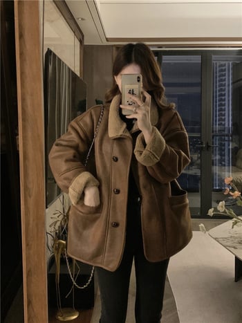 Geacă damă de iarnă în stil Maillard retro, poliester, guler polo, mâneci lungi, lungime normală